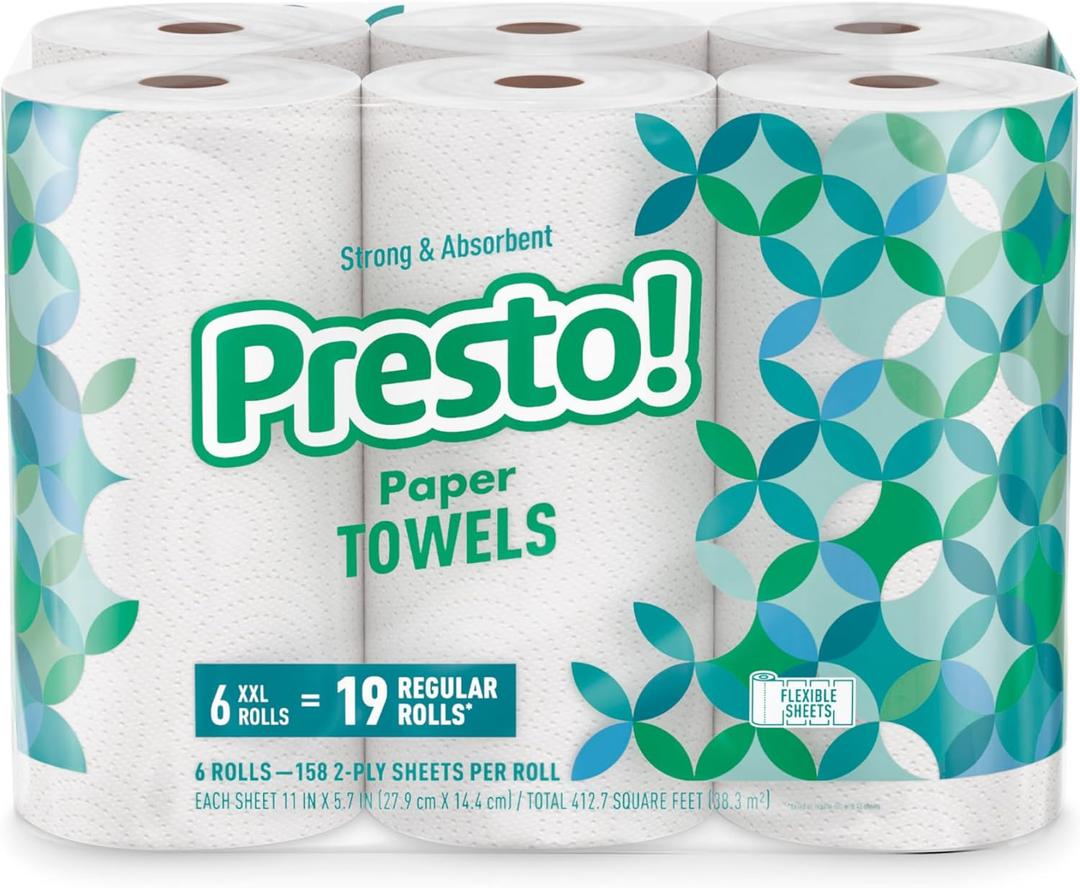 Amazon Brand - Presto! Flex-a-Size Paper Towels, 158 Sheet Huge roll, 6 Rolls, Equivalent to 19 Regular Rolls, White Amazon Brand - Presto! Flex-a-Size Paper Towels, 158 Sheet Huge roll, 6 Rolls, Equivalent to 19 Regular Rolls, White