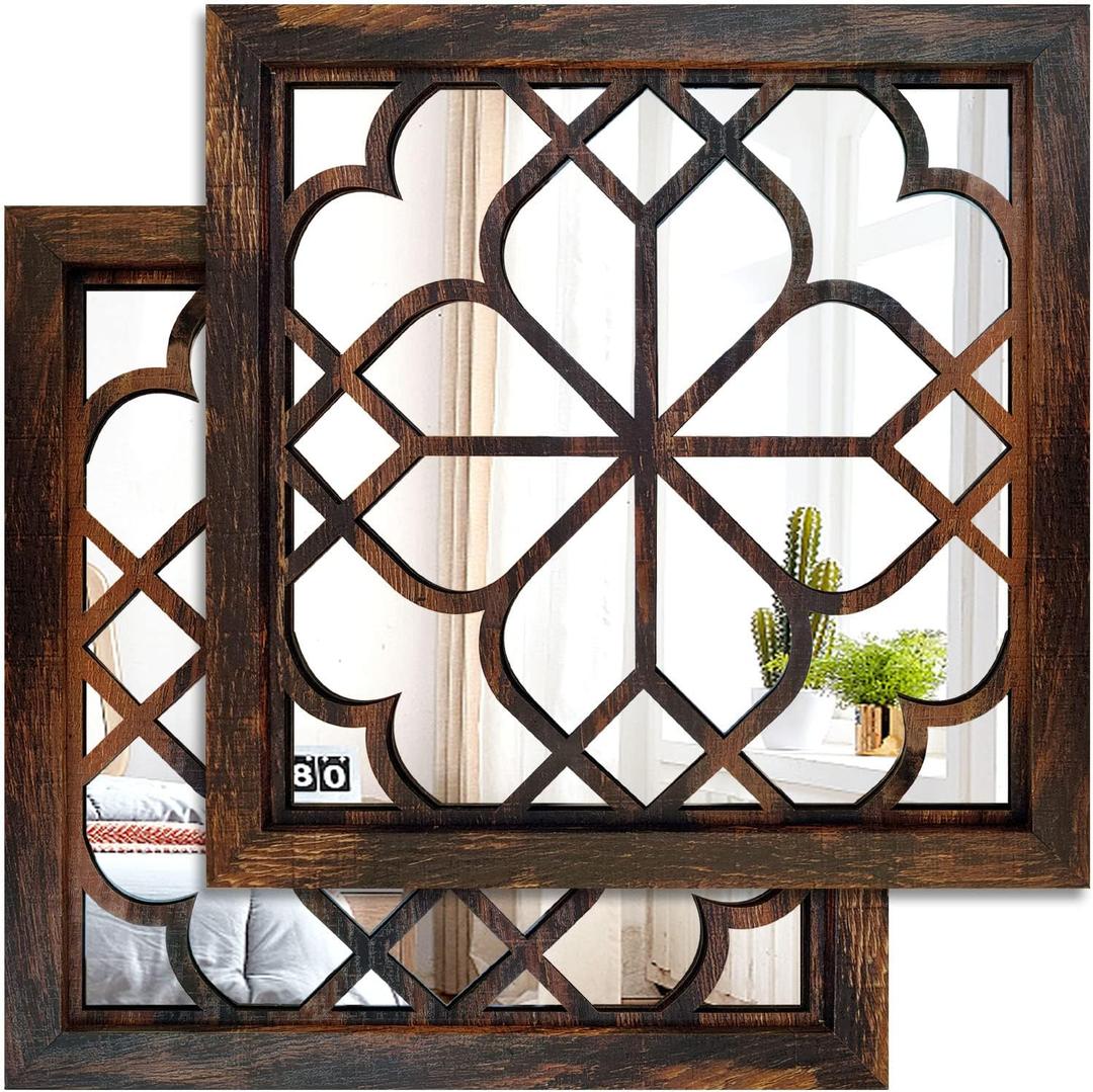 Wocred 2 PCS Square Wall Mirror,Gorgeous Rustic Farmhouse Accent Mirror,Caramel Color Entry Mirror for Bathroom Renovation,Bedrooms,Living Rooms and More(12x12)