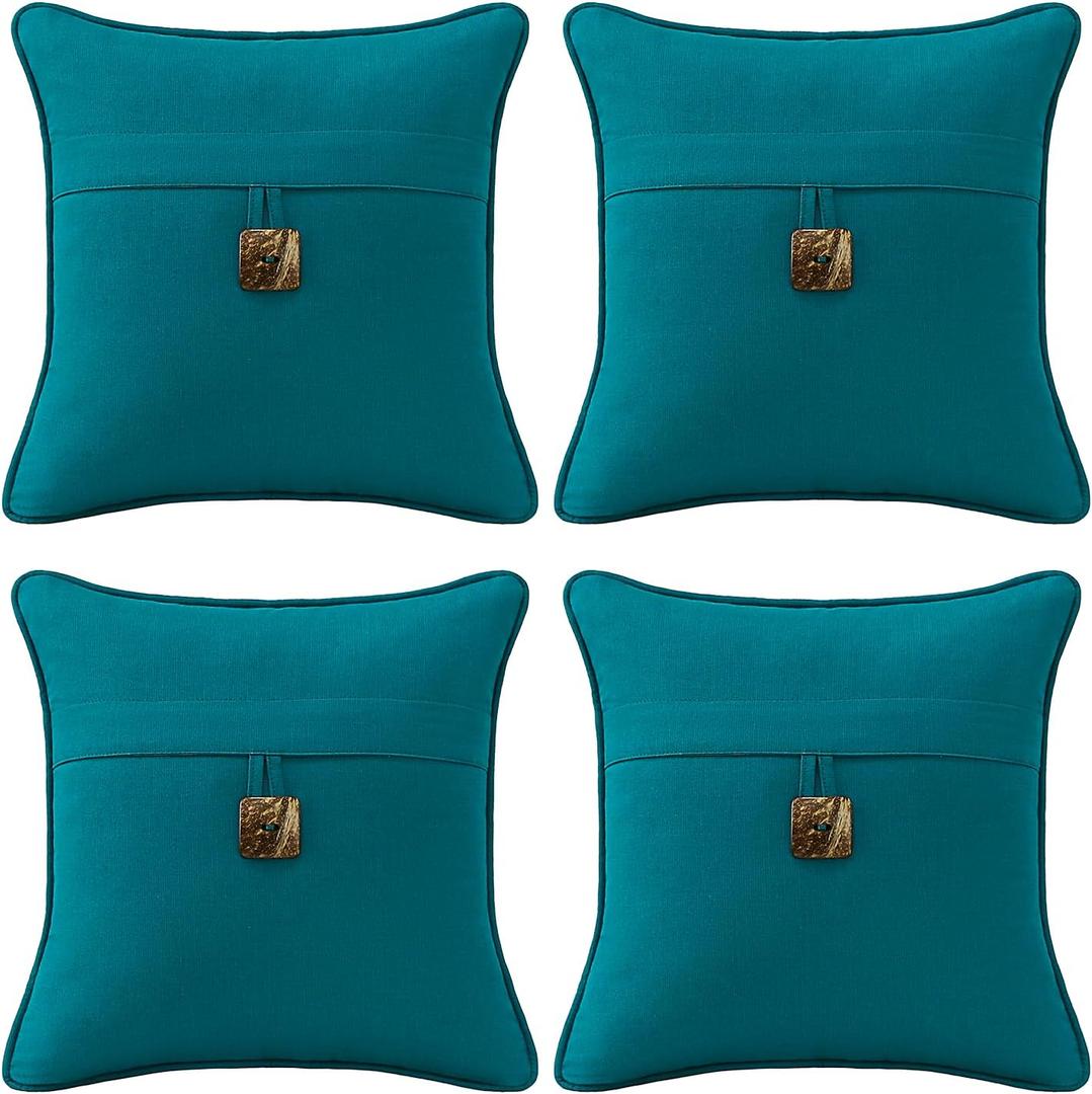 Outdoor Decorative Pillows with Coconut Button Pack of 4, 16" x 16" Outdoor Pillow Set for Couch Bed Throw Patio Sofa, Spectrum Peacock