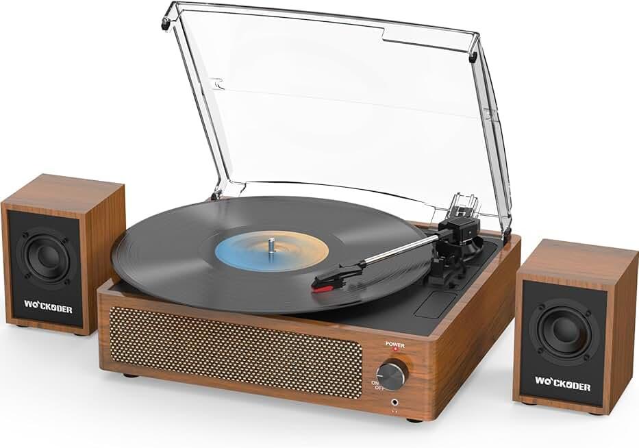 Record Player with External Bookshelf Speakers Belt-Drive Vintage Turntable for Vinyl Records Passive Dual Stereo Speakers LP Players 3 Speed Wireless AUX Headphone Input Auto Stop Retro Brown Wooden