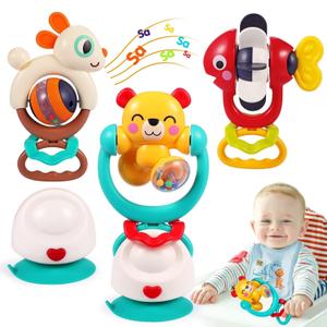 Baby Toys 6-12 Months Infant Toy Set of 3 High Chair Suction Cup Rattle Teething Toys for Babies 6 7 9 12-18 Months 2-in-1 Sensory Development Tray Toy Baby Gifts for Boys Girls