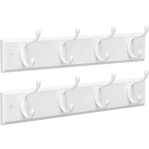 SONGMICS Set of 2 Wall-Mounted Coat Rack, Hook Rack, 8 Dual Metal Hooks, for Coats, Bags, Keys, in The Entryway, Bedroom, Living Room, White ULHR232W01