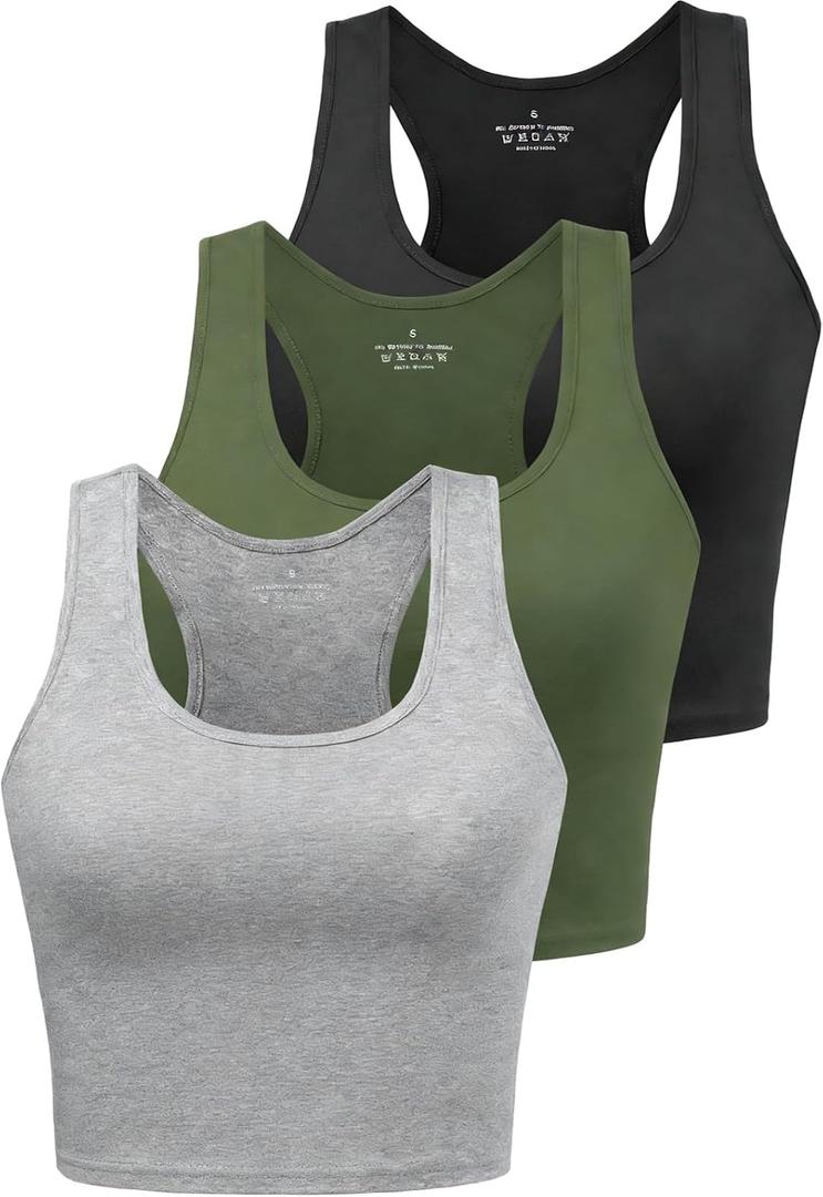 Sports Crop Tank Tops for Women Cropped Workout Tops Racerback Running Yoga Tanks Cotton Sleeveless Gym Shirts 3 Pack (Gray, M)