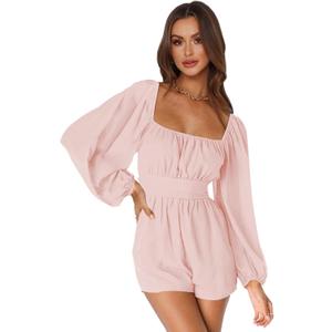 Long Sleeve Shorts Rompers For Women 2024 Summer Square Neck Tie Back Dressy Chiffon Mini Short Jumpsuit, M