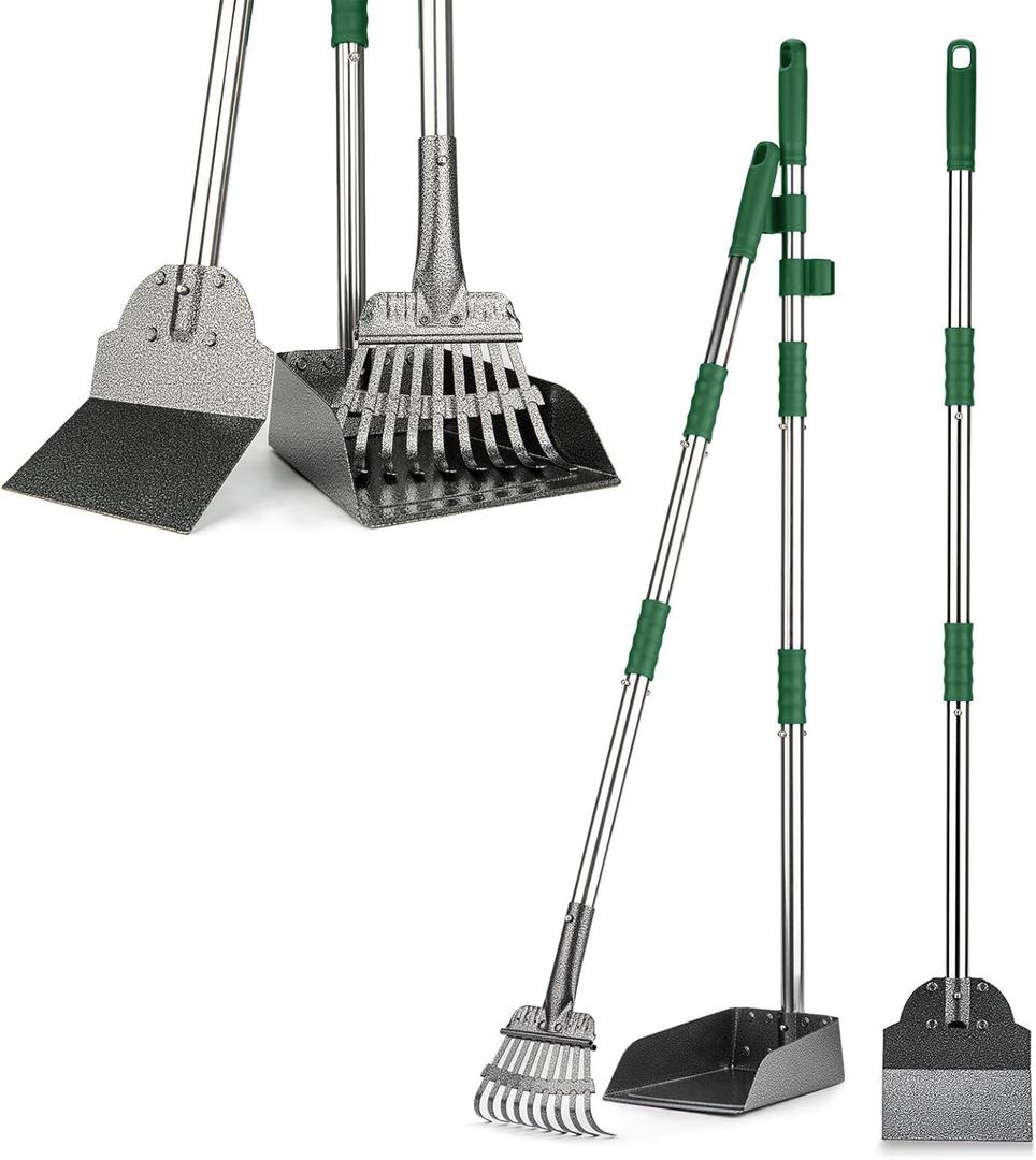 Pooper Scooper, Long Handle Dog Pooper Scooper, Heavy Duty Stainless Steel Rake with Tray & Spade Set for Pet Waste Removal, for Grass, Dirt or Gravel - Green