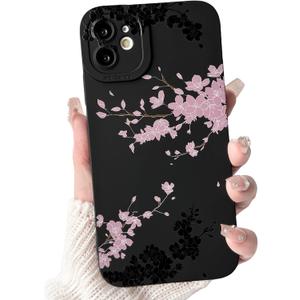 NITITOP Compatible with iPhone 12 Mini Case Cute Aesthetic Cherry Blossom Pattern Design for Women Girls Soft TPU Shockproof Full Camera Protective Phone Cover - Black Pink