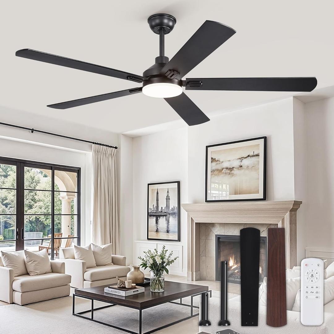 60" Ceiling Fans with Lights, Black Modern Ceiling Fan with Remote, Farmhouse Indoor Ceiling Fan with Dual Finish Blades, Quiet & Strong Motor, Bright LED Light.