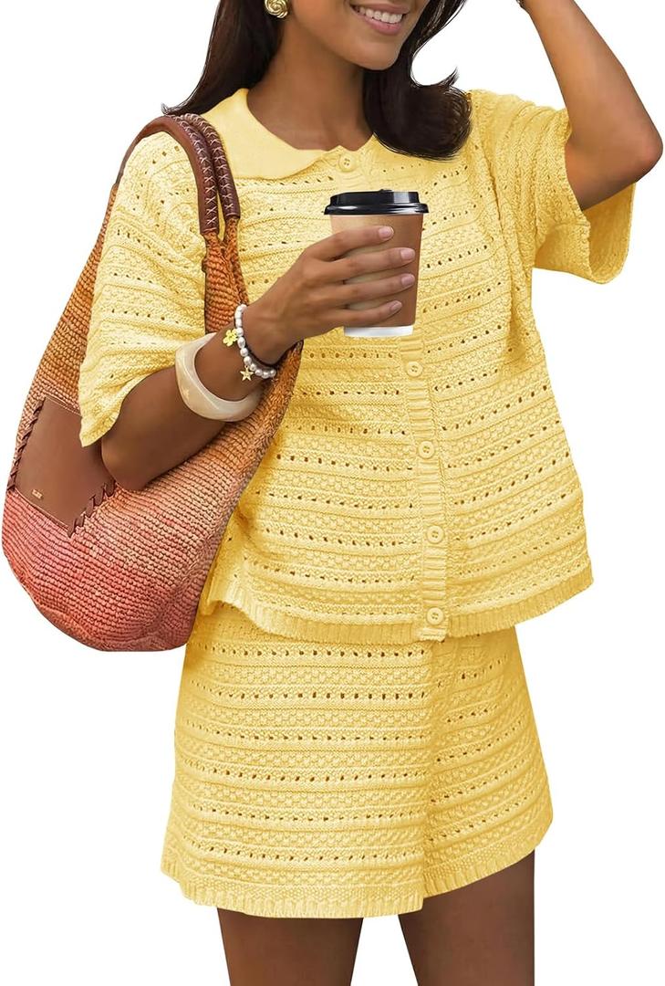 Fisoew Womens Summer 2 Piece Crochet Beach Outfit Cover Ups Button Cardigan Loose Knit Shorts Sets Vacation Swimsuit (Yellow, S)
