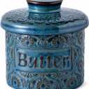 Ceramic Butter Crock, French Butter Keeper, Butter Crock for Counter with Water (Vintage Blue)
