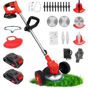 24V Electric Weed Wacker, 3-in-1 Grass Trimmer with 2pcs Batteries & Fast Charger, Battery Powered Weed Eater/Brush Cutter/Edger with 3 Types Blade & Wheels for Garden and Yard Lawn