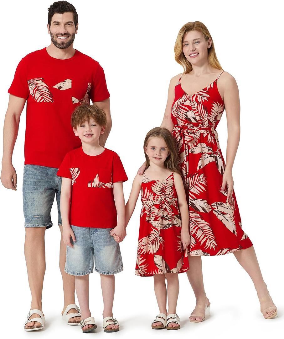PATPAT Family Matching Outfits Mommy and Me Dresses Hawaiian Tropical Vacation Beach Spaghetti Strap Dress and Shirt (L)