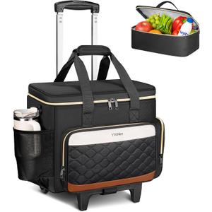 Ytonet Rolling Teacher Bag with Insulated Lunch Carrier, 15.6" Rolling Laptop Bag Women with Detachable Dolly, Large Roller Briefcase for Women Roller Tote Bags for Teacher Work Office Nurse Craft (Black/Beige/Brown)