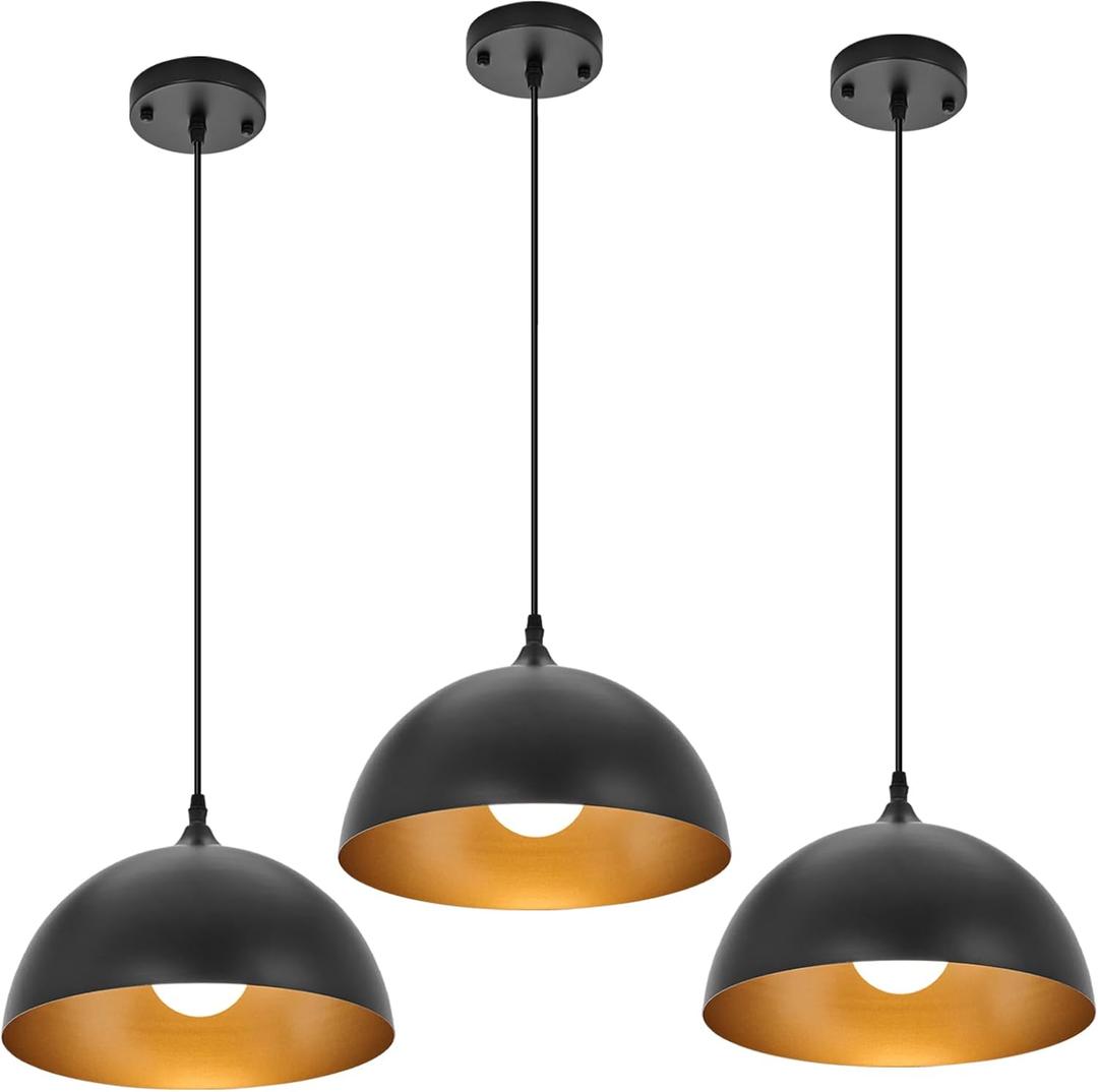 Industrial Pendant Light Fixtures,11.8" Black Dome Pendant Lights,Adjustable Vintage Hanging Lamp for Kitchen Island Restaurant Bar Cafe Dining Room Sink,3 Pack
