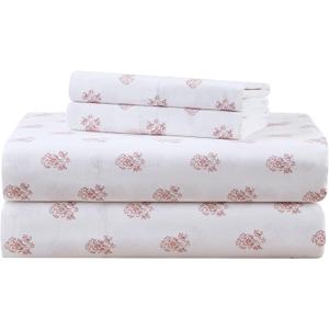 Comfort Spaces 100% Cotton Sheets Queen, Breathable, Naturally Cool Cotton Sheets, Soft Cotton Bed Sheets with 14" Elastic Pocket Fits up to 16" Mattress, All Seasons Sheet Set, Floral Pink 4 Piece