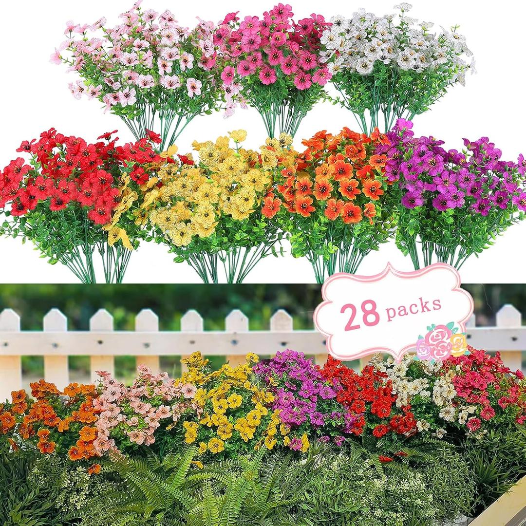 WEAUSUP 28 Bundles Artificial Plants & Flowers Silk Fake Flowers UV Resistant Bushes Plastic Artificial Flowers Faux Outdoor Indoor Plants for Spring Summer Patio Decorations(7 Colors)
