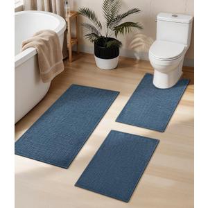 YIHOUSE Bathroom Rug Set 3 Piece Blue, Non Slip Bath Mats Sets of 3 Quick Dry, Absorbent Washable Thin Bathroom Rugs Fit Under Door for Elder, Sink, Laundry (16x24+16x24U+16x32)