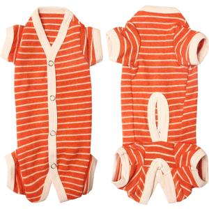 Female/Male Pet Dog Pajamas Stripes 4 Legged Dog pjs Jumpsuit Soft Cotton Dogs Clothes (L Orange+White-Boys)
