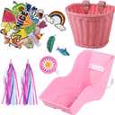 Doll Bike Seat with 30 Pcs Stickers Decals Bike Basket for Kids Bike Handlebar Streamers Colorful Ribbons Tassel Daisy Bike Bell for Girls Boys Bike Accessories Christmas Kids Gift (Pink)