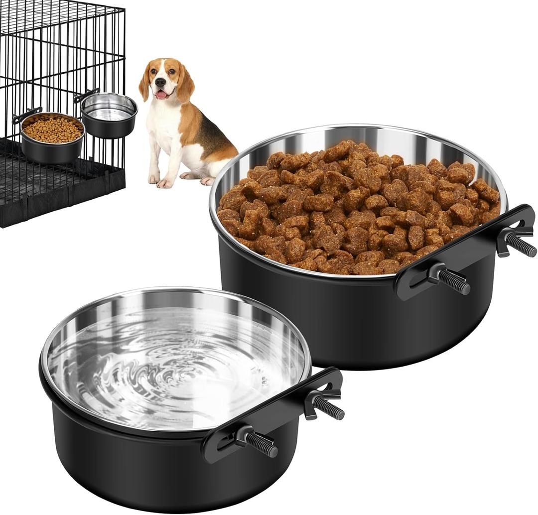 Dog Crate Water Bowl No Spill, 2 Pack Dog Crate Bowls Hanging, Kennel Water Food Bowls Mountable, Pet Cage Accessories Feeder Dish, Stainless Steel Coop Cup for Cat Puppy Bunny Guinea Pig Ferret Bird (M(6.3*2.6'' & 5.5*2.4''), Black)