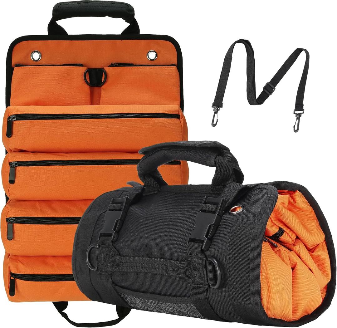 Tool Roll Bag, Tool Bag Organizer, Tool Carrier Roll UP Storage Pouches with 6 Zipper Pockets & Strap, Gifts for Men Mechanic Electrician Hobbyist (Orange)
