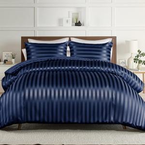 Whale Flotilla 3-Piece Reversible Silky Soft Queen Comforter Set, Luxury Stripe Satin Comforters Full Size Bedding Set with 2 Satin Pillowcases, Lightweight Duvet for All Seasons, Navy