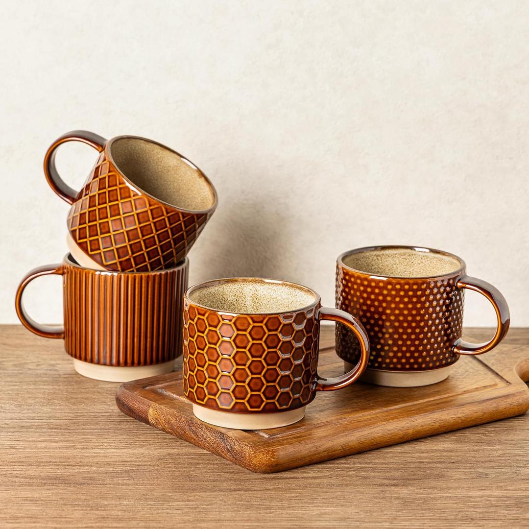 GBhome 12 OZ Stackable Coffee Mugs, Ceramic Coffee Cups with Texture Patterns for Man, Woman, Dad, Mom, Modern Mugs Set of 4 for Latte/Cappuccino/Cocoa. Dishwasher&Microwave Safe (Caramel)