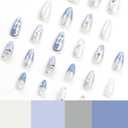 2 x Blue Almond Water Ripple Press-On Nails 24pcs (12 Sizes) with Silver Bows & Glue, Glossy Finish
