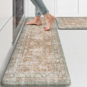 KIMODE Kitchen Mats for Floor 2 PCS, 17"x47"+17"x29" Boho Vintage Kitchen Rugs Non-Slip,Cushioned Anti Fatigue Mats for Kitchen Floor,Waterproof Kitchen Floor Mats, Sink, Laundry, Office, Desk Tan
