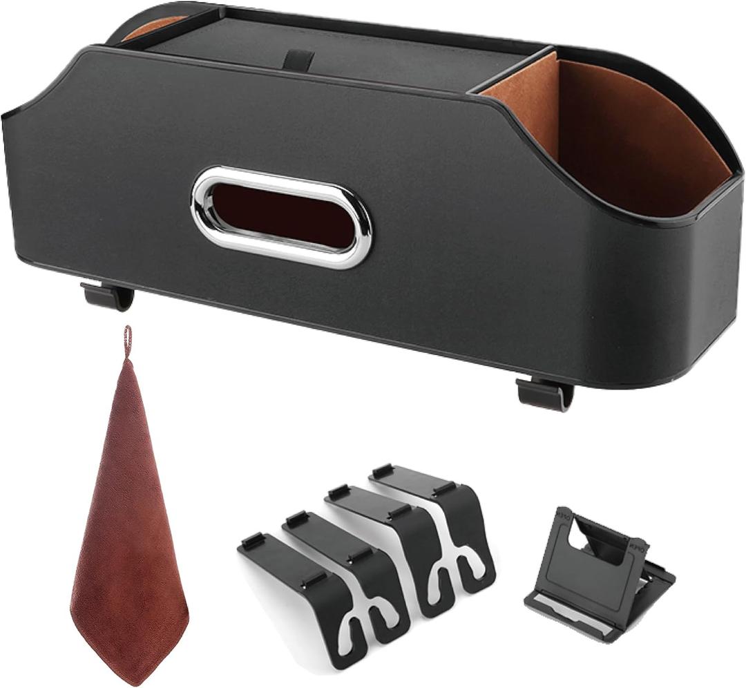 Backseat Car Organizer with 2 Drink Cup Holder - Tissue Holder - Car Seat Hooks for Headrest - Multi-functional Storage for Travel - Perfect for Kids, Adults(Black)
