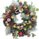 WANNA-CUL Pre-Lit 24 Inch Lighted Christmas Wreath for Front Door Red White Christmas Door Wreath Decoration with Ball Ornaments, Candy Canes,Eucalyptus Leaves, Battery Operated 30 LED Lights