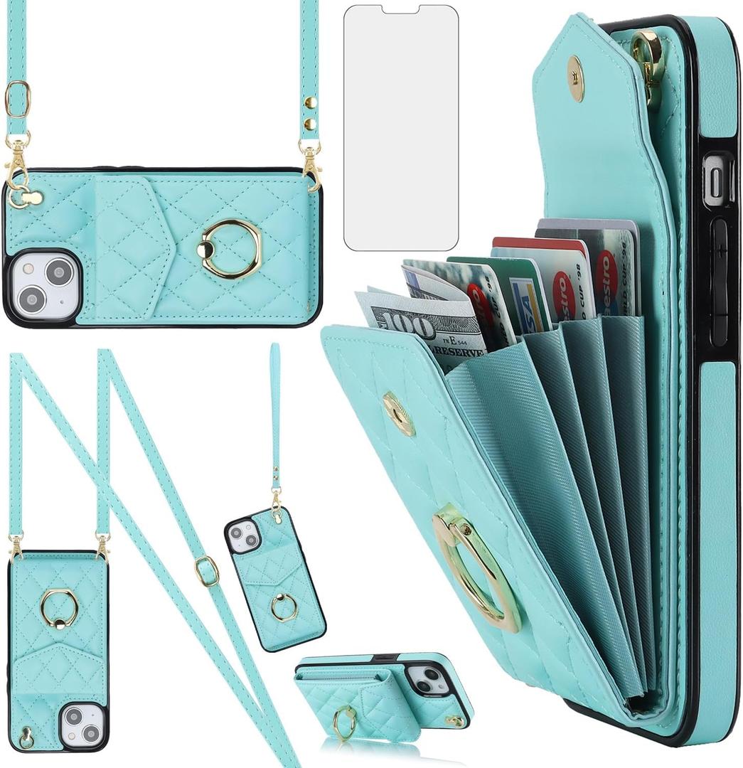 Asuwish Phone Case for iPhone 13 Mini 5.4 inch Wallet Cover with Tempered Glass Screen Protector Ring RFID Blocking Card Holder Cell iPhone13mini i-Phone 13minicase i iPhone13 13mini Women Girls Teal