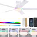 Ceiling Fans with Lights- 52" RGB Low Profile Indoor Ceiling Fan with Light and Remote/APP Control, Flush Mount, LED Dimmable DC Reversible Modern Ceiling Fan for BedroomWhite