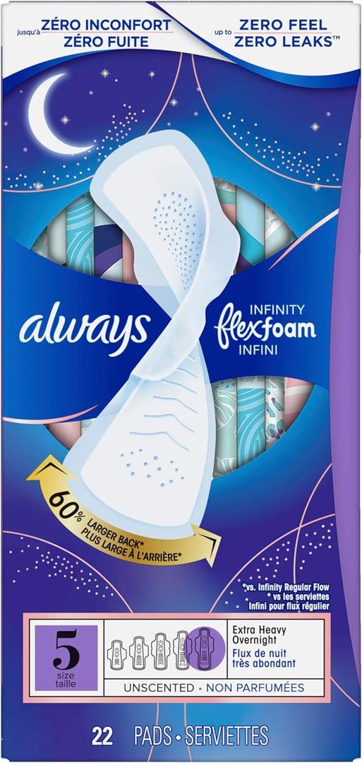 Always Infinity Size 5 Extra Heavy Overnight Pads with Wings, Unscented 22 Pads