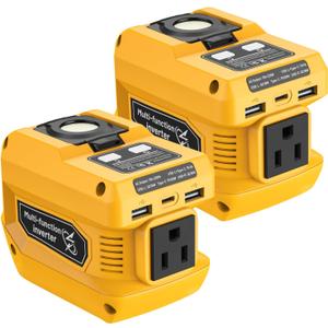 220W Power Inverter Compatible with Dewalt 20V Battery, DC 20V to AC 110V Portable Power Station with 1 AC Outlet, 2 USB Ports & 1 Type-C Fast Charging, 400LM LED Work Light (2-Pack) (Yellow)