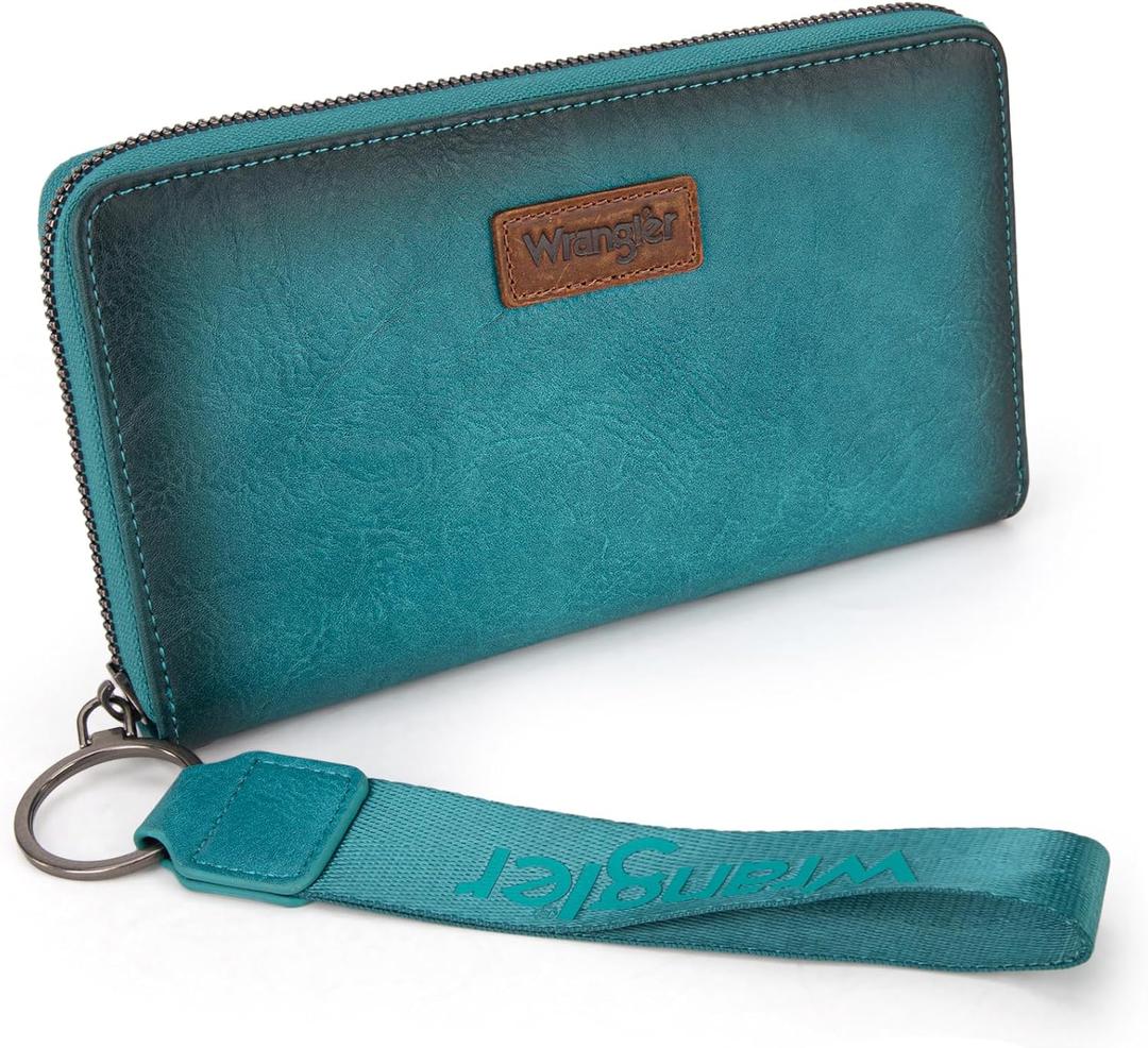 Wrangler Womens Wallet Wristlet Long Purse Designer Clutch Large Capacity Credit Card Holder for Women Men (B-Turquoise)
