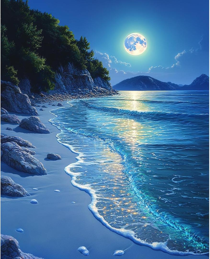 Beach Moonlight Paint by Numbers Kit for Adults Beginner Ocean Oil Painting Kit Adult Paint by Number Kits on Canvas Moon DIY Painting for Beginners Art by Numbers for Gifts Home Wall Decor 16x20 Inch (YF019)