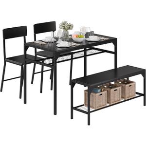 Meilocar Dining Table Set for 4, Wooden Kitchen Table with 2 Chairs and Bench, 4 Piece Dining Table Set with Storage Racks, Industrial Kitchen Table Set for Kitchen, Dining Room Black