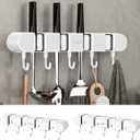 2Pcs Broom Holder Wall Mount, No-Drilling Self-Adhesive Mop and Broom Storage Rack with Hooks (4 Racks with 5 Hooks), Wall-Mounted Broom Hanger for Bathroom, Kitchen, Closet, Garage (White )