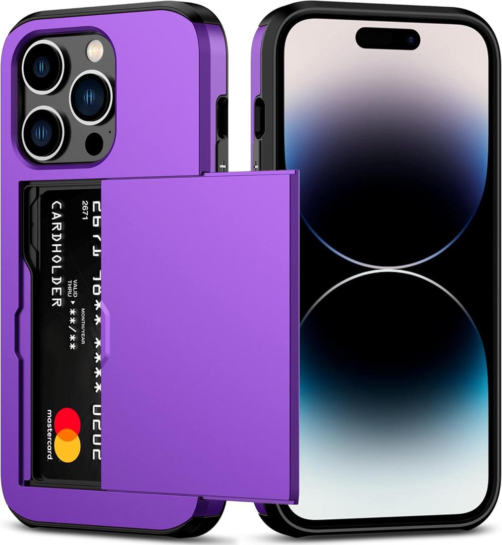 Nvollnoe for iPhone 14 Pro Case with Card Holder Heavy Duty Protective Dual Layer Shockproof Hidden Card Slot Slim Wallet Case for iPhone 14 Pro for Women&Men(Purple) (Purple-Regular Storage)