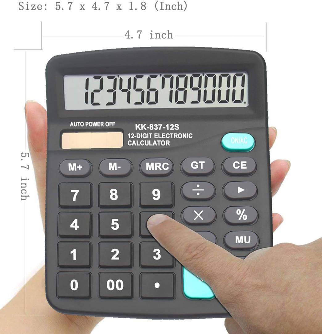 Calculators, BESTWYA Large Button Desk Calculator (Black, Pack of 2) | 12-Digit Dual Power Angled LCD Display Handheld Desktop Feature for Office, School, Home