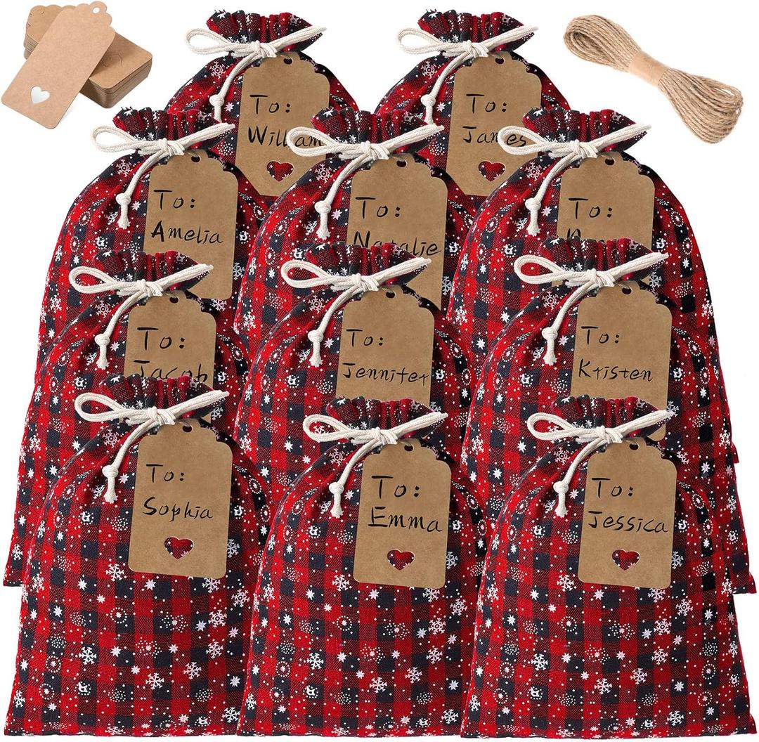 Shappy 24 Pcs Christmas Drawstring Gift Bags Xmas Buffalo Plaid Burlap Advent Bags 10 x 8 Inches Linen Treat Candy Bag with 32.8 ft Rope 24 Card(Black Red Snowflake)