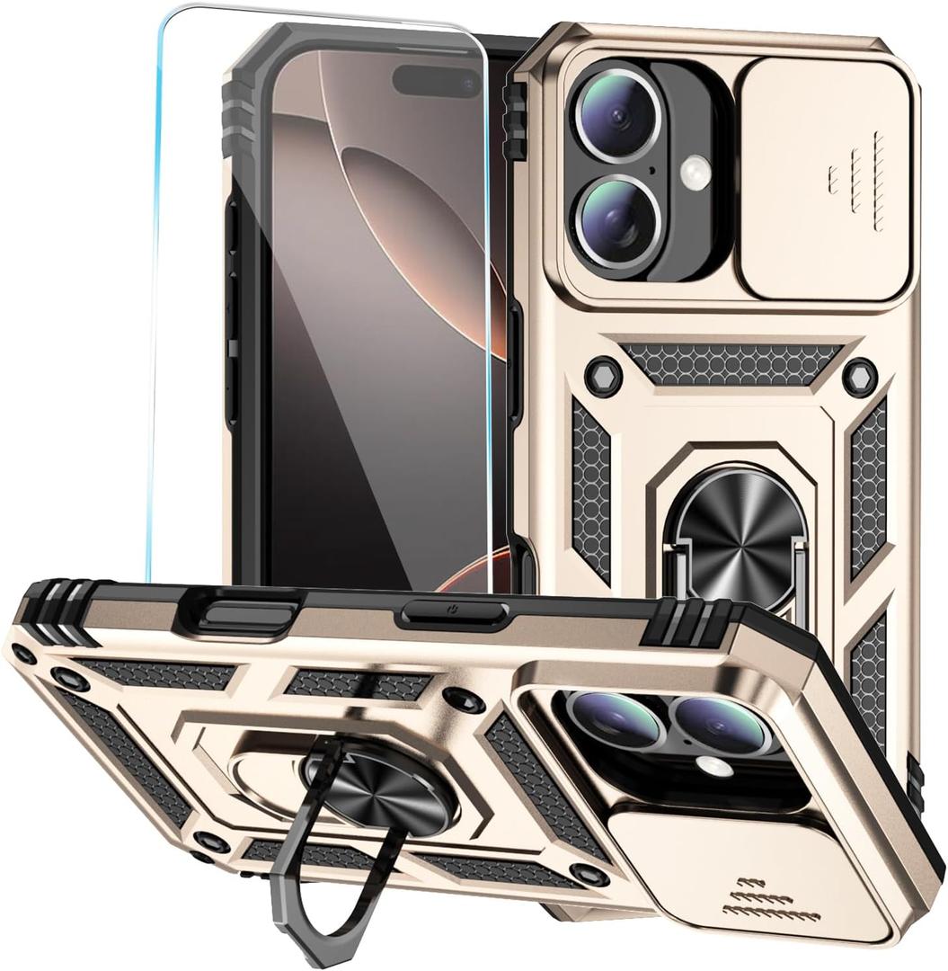 SunStory Phone Case for iPhone 16 Case with HD Screen Protector & Slide Camera Cover & Rotated Ring Kickstand, [Military-Grade] Phone Case for iPhone 16 6.1", Gold