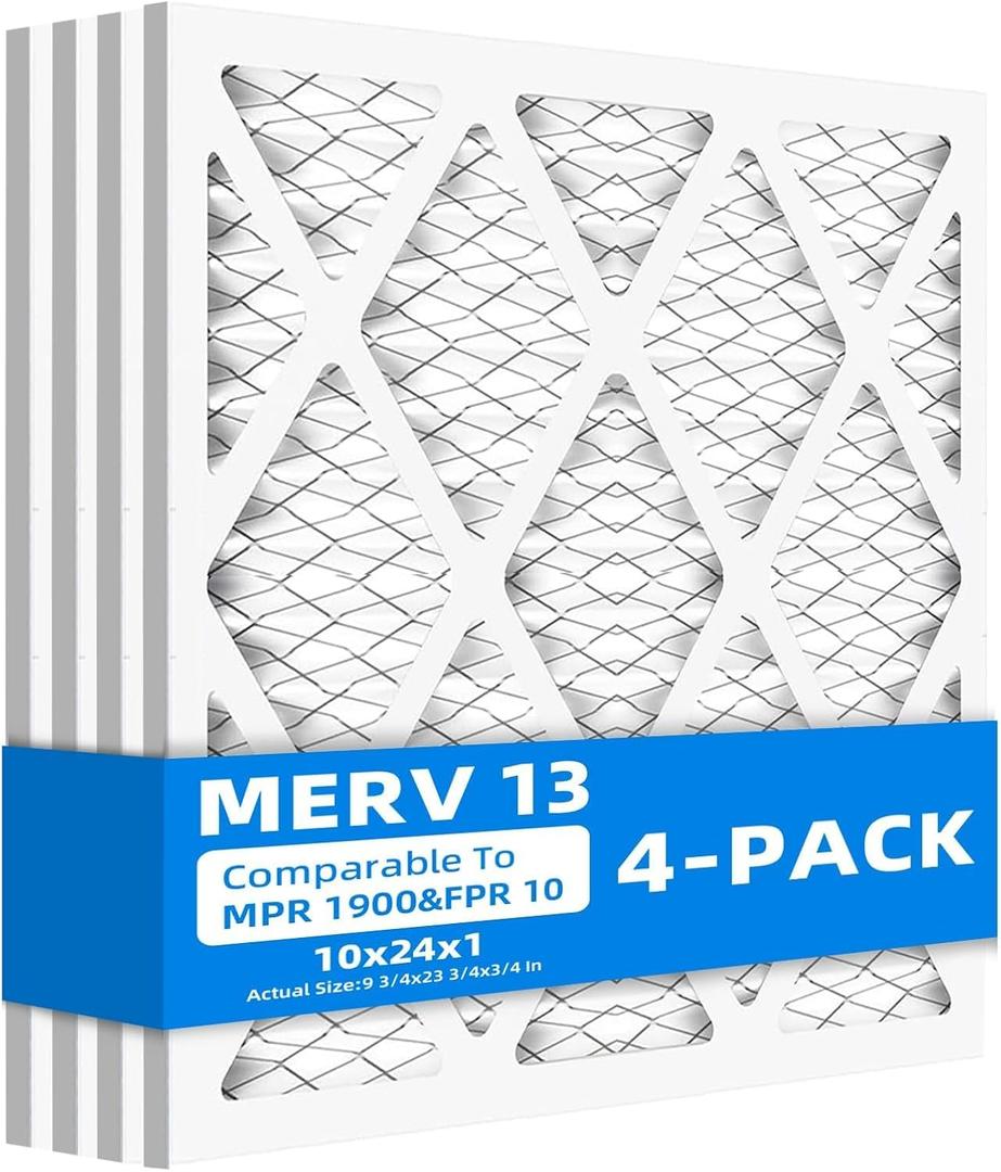 (4 Pack) 10x24x1 Air Filter, MPR 1900 & FPR 10, MERV 13 Pleated Air Filter (Actual Size:9 3/4x23 3/4x3/4 inch)
