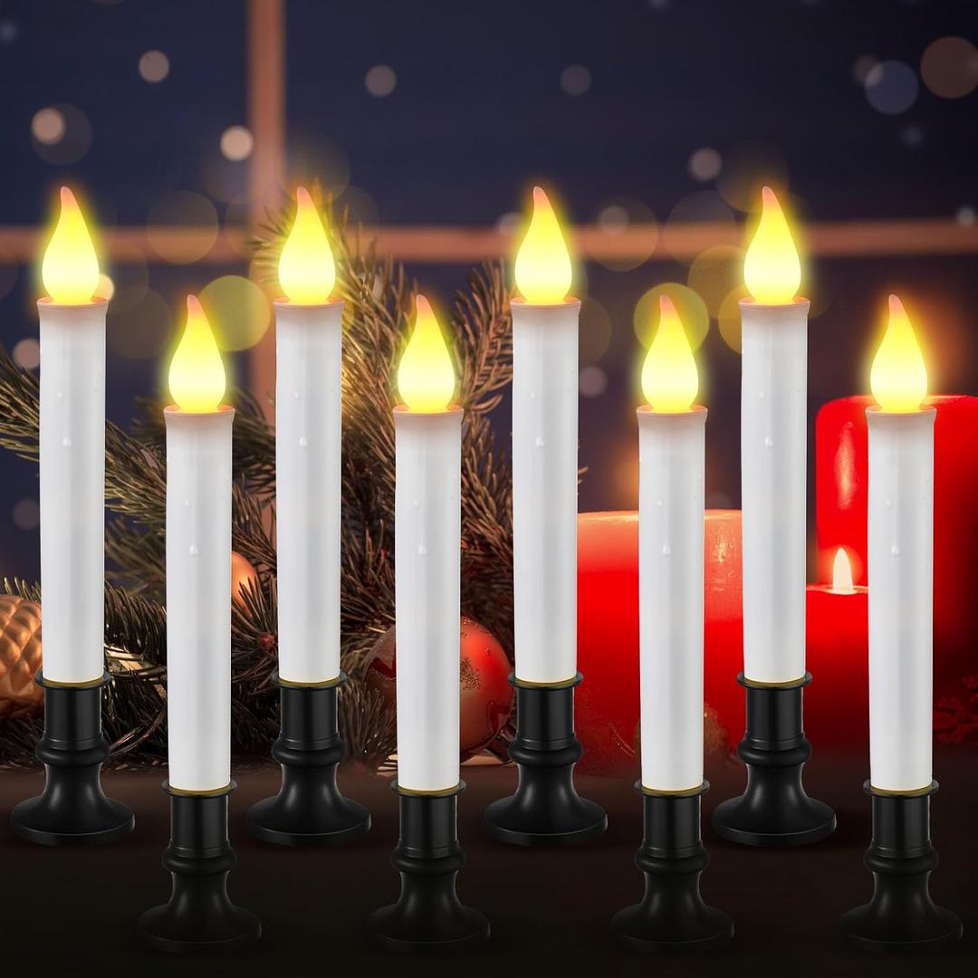 Baquler 8 Pcs Christmas LED Window Candles with Sensor Dusk to Dawn Light Sensor 9.37 Inches Cordless Flameless Battery Taper Candles with Flickering Amber Flame for Xmas Home Decor(Black)