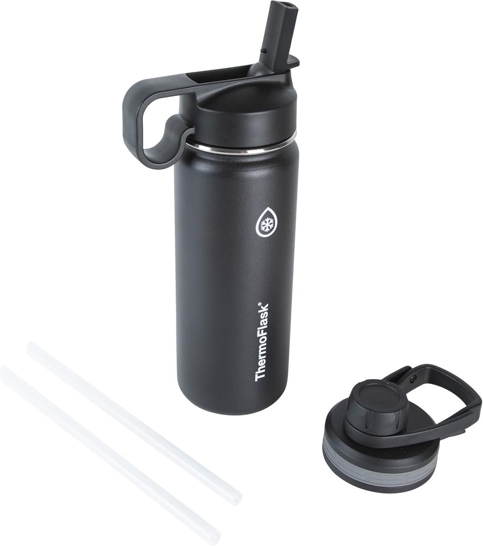 ThermoFlask Bottle with Chug Lid & Straw Lid - Insulated Stainless Steel Water Bottle with Leak-Proof Lids - Dishwasher-Safe Reusable Bottle & Lids - Durable Bottle, 2 Straws & 2 Lids - 18 oz, Black