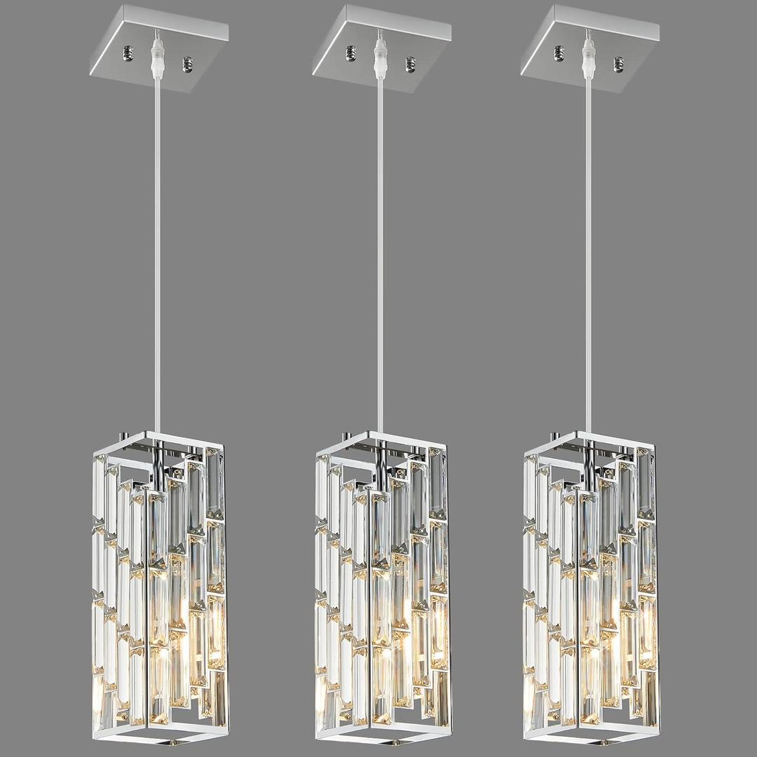 Chrome Pendant Lighting Modern Pendant Light, Mini Crystal Chandeliers,Adjustable Pendant Light Fixture for Kitchen Island Dinning Room Bedroom (3 Pack)