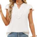 CiCiBird Boho Tops for Women Dressy Casual V Neck Blouses Summer Short Ruffle Sleeve Shirts (White, L)