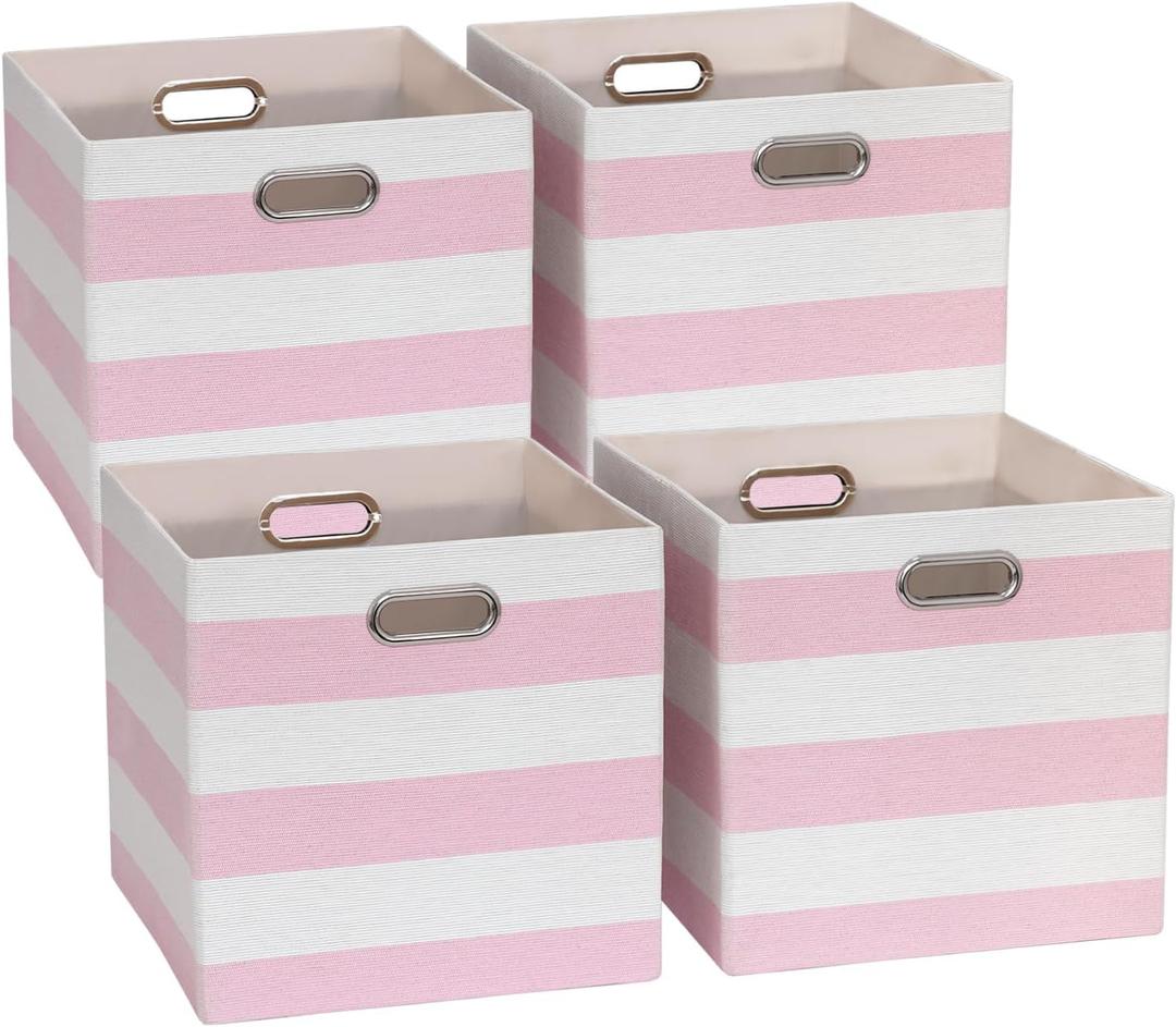 13x13x13 Storage Cube Bins, Foldable Storage Cubes Cubby Baskets Organizer Cloth Bins for Cube Storage Organizing Shelf Closet, Pack of 4, Pink/White Stripe