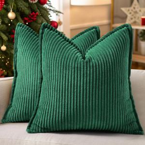 decorUhome Spring Corduroy Green Throw Pillow Covers 18x18 Set of 2 Decorative Soft Boho Farmhouse Couch Pillow Covers for Living Room Bed Sofa Broadside Striped Pillow Cases