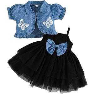 Toddler Baby Girls Spring Fall Outfits Sleeveless Tulle Dress with Button Up Coat Headband Set Infant Cute Clothes (Black) 18-24M 